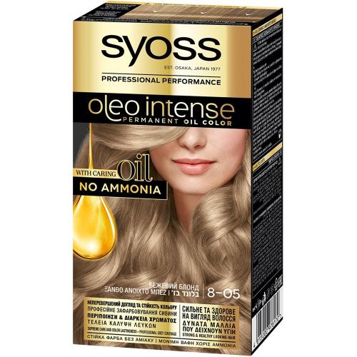 Syoss Oleo Intense Permanent Oil Hair Color Kit Επαγγελματική Μόνιμη Βαφή Μαλλιών για Εξαιρετική Κάλυψη & Έντονο Χρώμα που Διαρκεί, Χωρίς Αμμωνία 1 Τεμάχιο - 8-05 Ξανθό Ανοιχτό Μπεζ